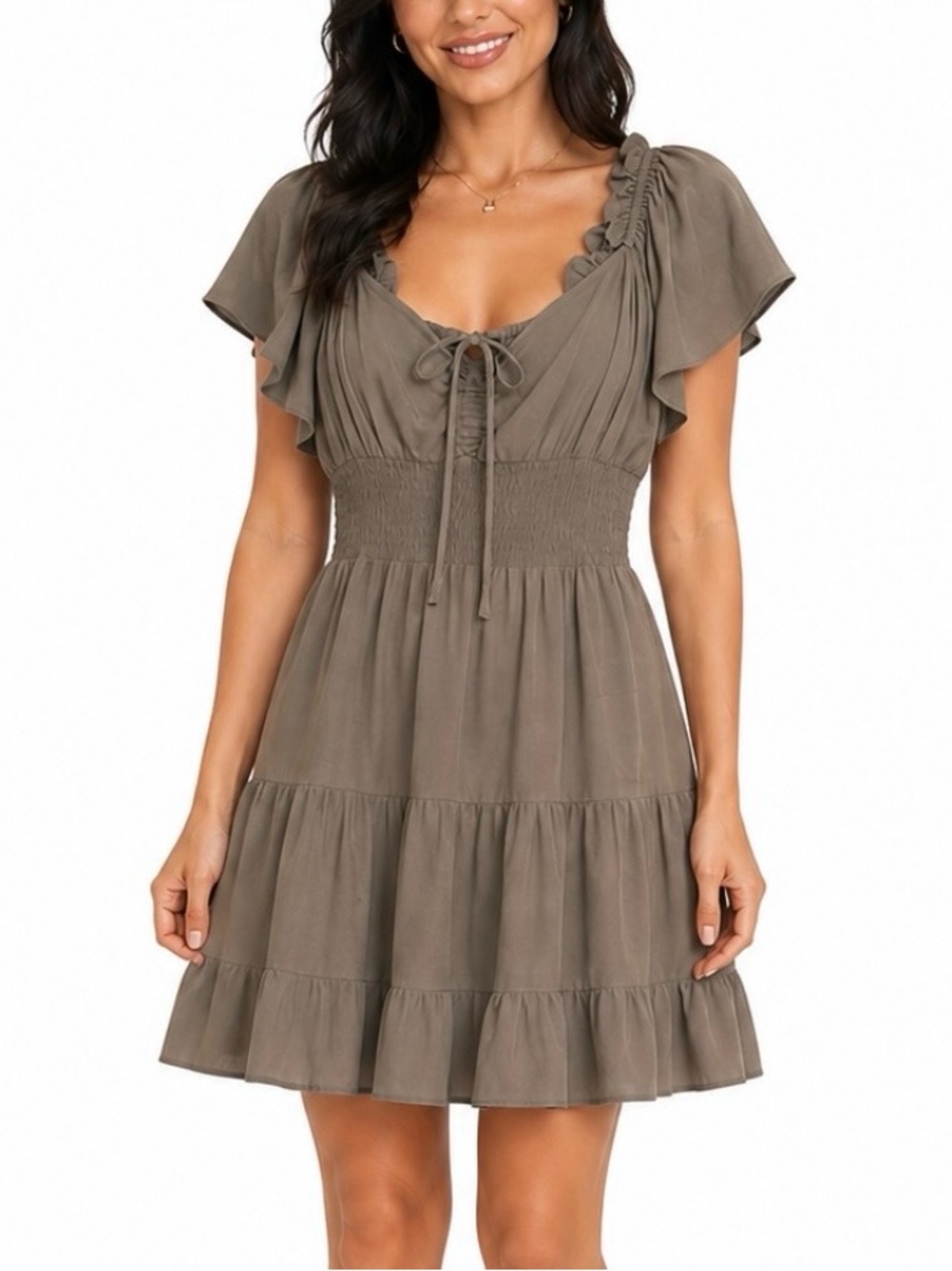 VENUS Olive-Taupe Smocked Waist Ruffle Sleeve Mini Dress
